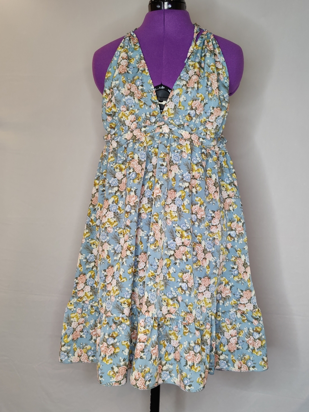 Blue Floral Halter Sundress with Pink Rose Print
